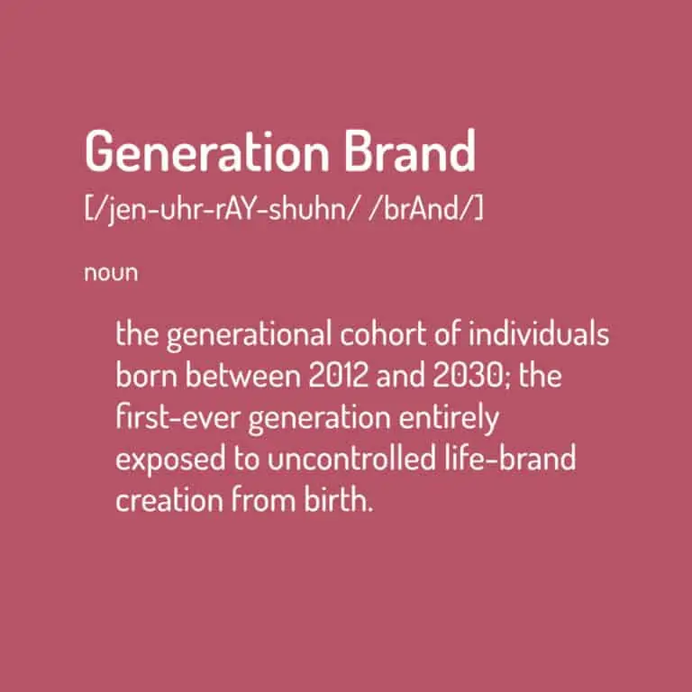 Generation Brand: the generational cohort of individuals born between 2012 and 2030; the first-ever generation entirely exposed to uncontrolled life-brand creation from birth.